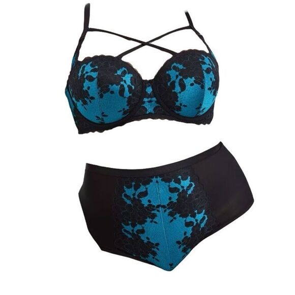 Torrid Womens Size 44DD Padded Lace Bra Size 2 US 2X Panty Set Blue Black - Picture 2 of 9
